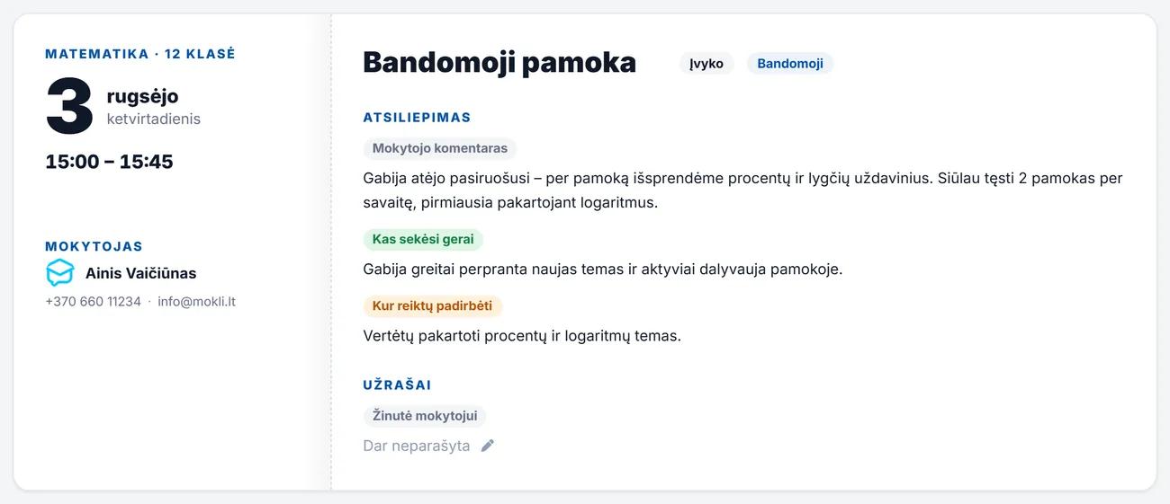Mokytojo atsiliepimas po bandomosios pamokos: kas sekėsi gerai ir kur reikėtų padirbėti
